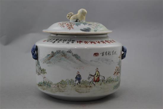 A Chinese enamelled porcelain cylindrical kamcheng and cover, 19cm